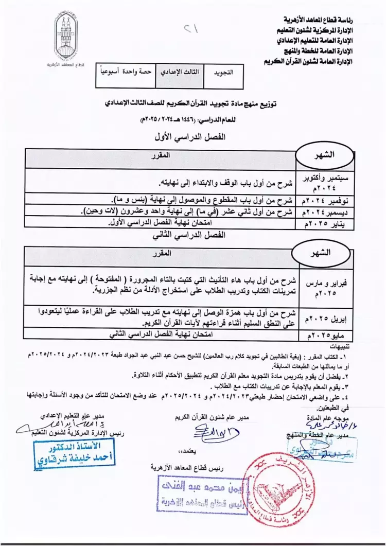 منهج التجويد للصف الثالث الإعدادي الترم الثاني 2025